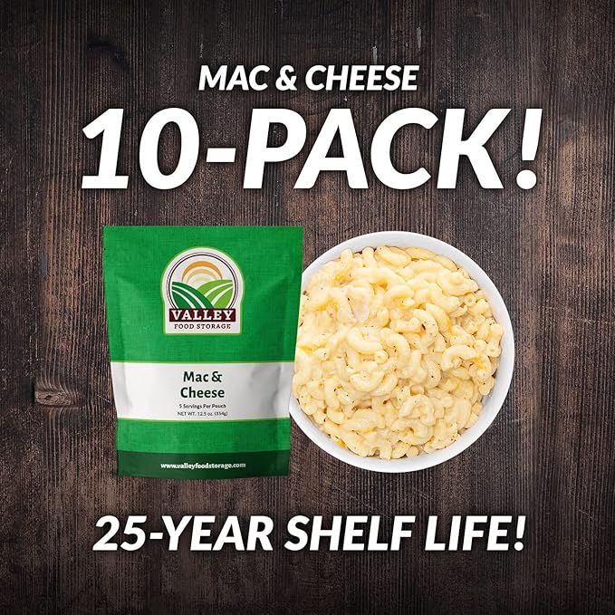 Valley Food Storage Mac and Cheese | 10-Bag Bucket, 50 Servings | Non-GMO Premium Emergency Food Supply, 25 Year Shelf Life | Survival Meal Kits, Prepper Food, Camping & Off-Grid Living Supplies