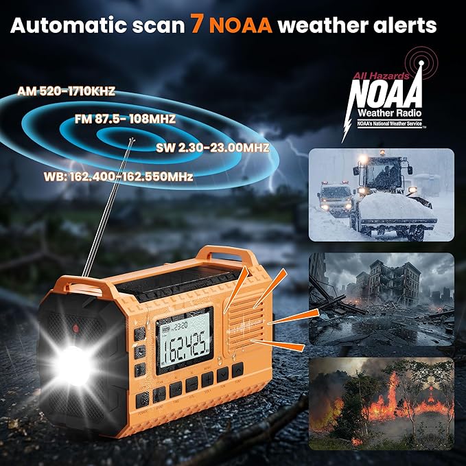 Emergency Weather Radio - AM/FM/NOAA Hand Crank Radio with 15W Fast Charge, 40000mAh Portable Solar Power Bank, Multi-Function Flashlight & SOS Alarm for Outdoor Indoor Emergencies (Orange)