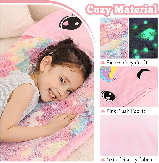 Kids Sleeping Bag, Plush Toddler Slumber Bag 2-in-1 Pillow, Soft Sleeping Bag, Nap Mats for Preschool,Daycare,Travel,Gift, Ages 3-12