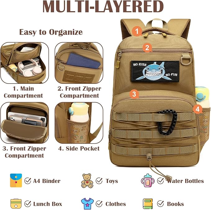 Kids Tactical Backpack Army Molle Bookbag Military Boys Backpack for School, Outdoor, Travel, Camping, Brown