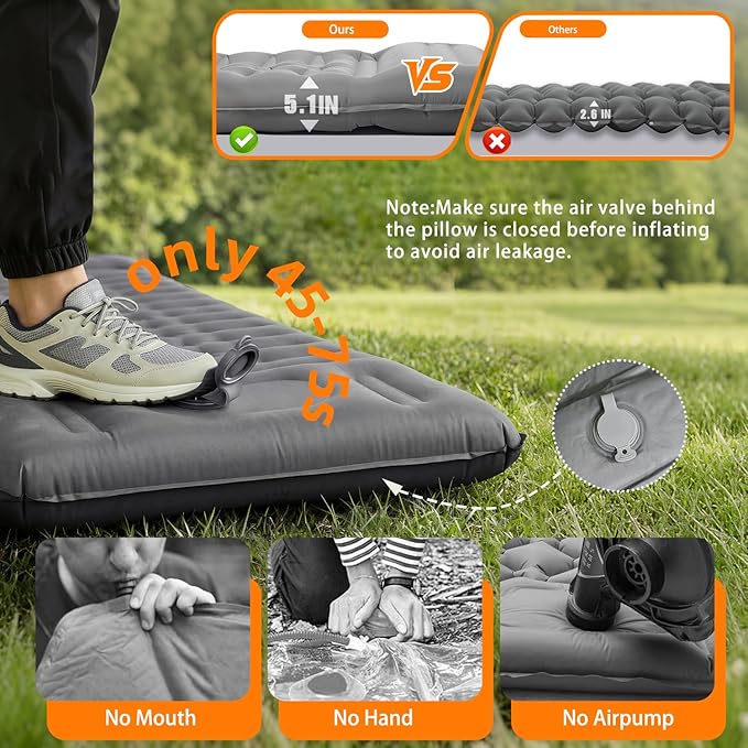 Extra Thick Camping Sleeping Pad – Self Inflating Camping Mat with Ultralight Sleeping Bag Liner, Backpacking Camping Pad with Pillow & Foot Pump for Outdoor Hiking, Tent, Travel (Gray)