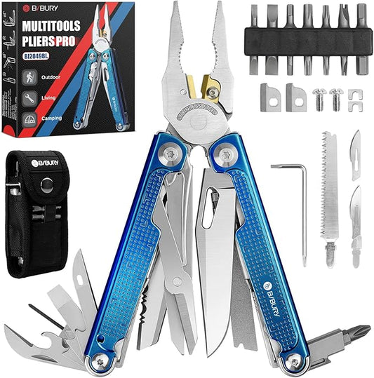 BIBURY Multitool Pliers BI2049BL with Blue Titanium Handle, EDC Multi Tool with Replaceable Wire Cutter, Full-Size Scissors and Screwdirver Set, Heavy Duty Hand Tool for DIY, Repair, Camping, Survival