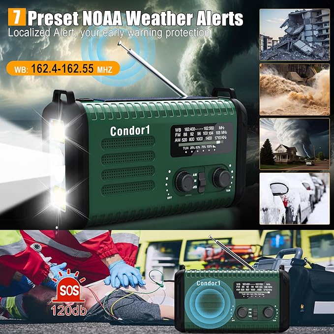 NOAA Weather Radio 20000mAh Battery Powered｜Solar Hand Crank Emergency Radio AM/FM｜USB-C Charger｜SOS Alarm｜Flashlight & Reading Lamp｜Hurricane Storm Power Outage Survival Emergencies (Green)