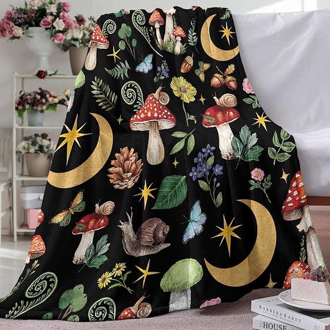 Mystical Forest Mushroom Flannel Throw Blanket, Fairy Tale Cottagecore Moon Star Birthday Gifts for Men Women Adults Teen Kids, Witchy Boho Botanical Soft Blankets for Bedding Sofa 60" x 80"