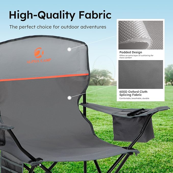 ALPHA CAMP Camping Chairs 350LBS Capacity, Heavy Duty Folding Chair with 4-Can Cooler Bag, Portable Outdoor Chair with Cup Holder for Adults, Collapsible for Tailgating, Beach, Fishing,Black,2PC