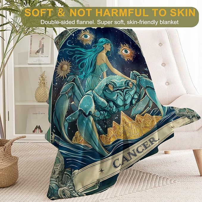 Cancer Zodiac Fleece Blanket - Lightweight Soft Cozy Gifts Throw for Astrology Lovers,Women,Men,Crab Starry Sky Tarot Blankets,Home Room Modern Artistic Bold Celestial Decor 50x60in