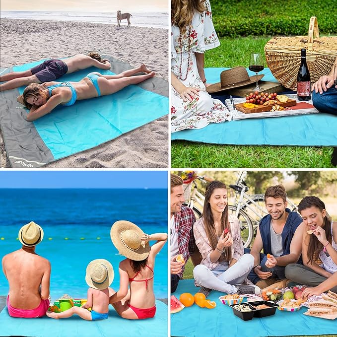 covacure Beach Blanket Waterproof Sandproof 79”X 83"- Large Beach Blanket Sandproof Fits for 4 Adults, Waterproof Beach Mat with 3 Zipper Pocket, Outdoor Beach Mat for Travel, Camping, Hiking