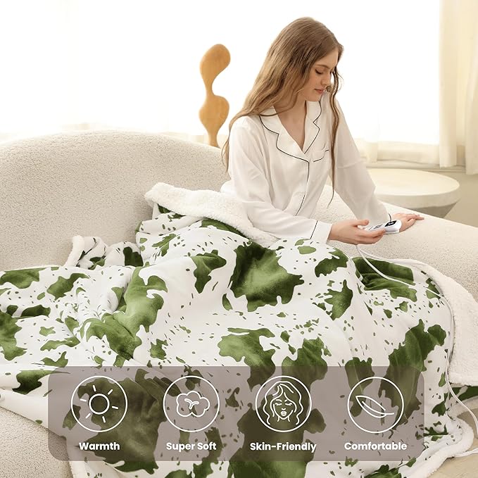 Heated Blanket Full Blanket - Fast Heating Electric Blanket, Soft Flannel Heated Full with 4 Time Settings,10 Heating Settings, Warm Gifts for Women & Mom & Grandma(72"x84"Cow Print Sage)