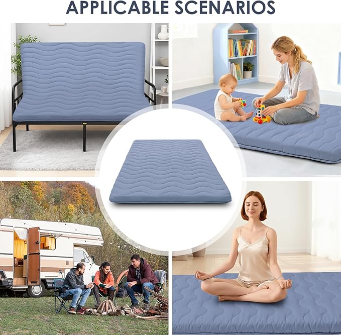 Japanese Floor Mattress, 100% High Density Comfortable Foam, 4" Thicken Foldable Mattress Tatami Mat Sleeping Pad, Ideal for Comfort and Support, Kids Floor Lounger Pillow Bed Sofa, Blue, Full