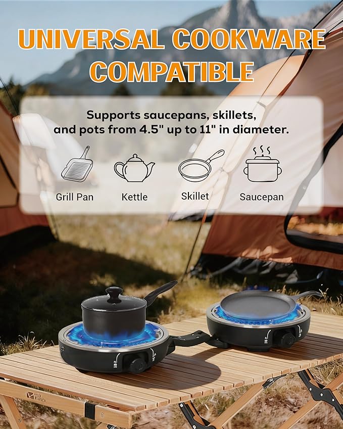 Propane 2-Burner Camping Stove with Windscreen, Portable& Foldable Camping Stoves with Carry Bag, 20000 BTU Camp Stove with Adjustable Burners& Piezo Ignition for Camping& Outdoor (Black)