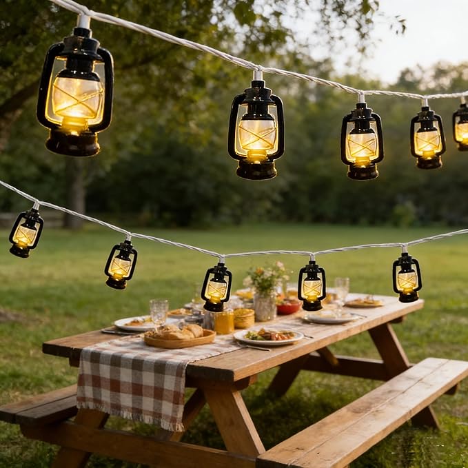 8.5Ft Black Mini Kerosene String Lights, Vintage Fairy Decorative Lights with 10 Warm White LED Lights, Connectable Outdoor Lantern for Bedroom Camping Wedding Garden Holiday