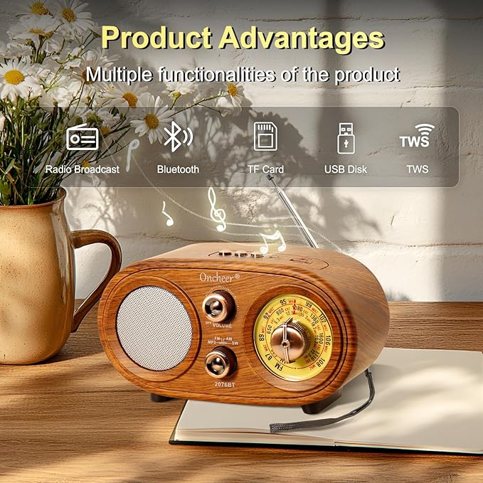 Oncheer Portable Retro Vintage Bluetooth Speaker Radio, FM/AM/SW 3 Band, Adjustable Antenna, Battery Powered, Support TF Card, USB Playing Music, Home Decor Gifts for Friends Family -Brown Color