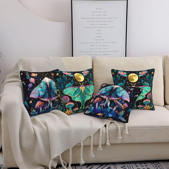 Flowers Moth Throw Pillow Covers 18 X 18 Inch Set of 4 Decorative Cushion Cover Home Decor for Sofa Chair Couch Bedroom Living Room