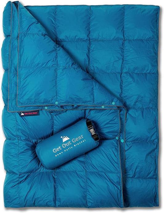 Get Out Gear Down Camping Blanket - Puffy, Packable, Lightweight and Warm | Ideal for Outdoors, Travel, Stadium, Festivals, Beach, Hammock | 650 Fill Power Water-Resistant Backpacking Quilt