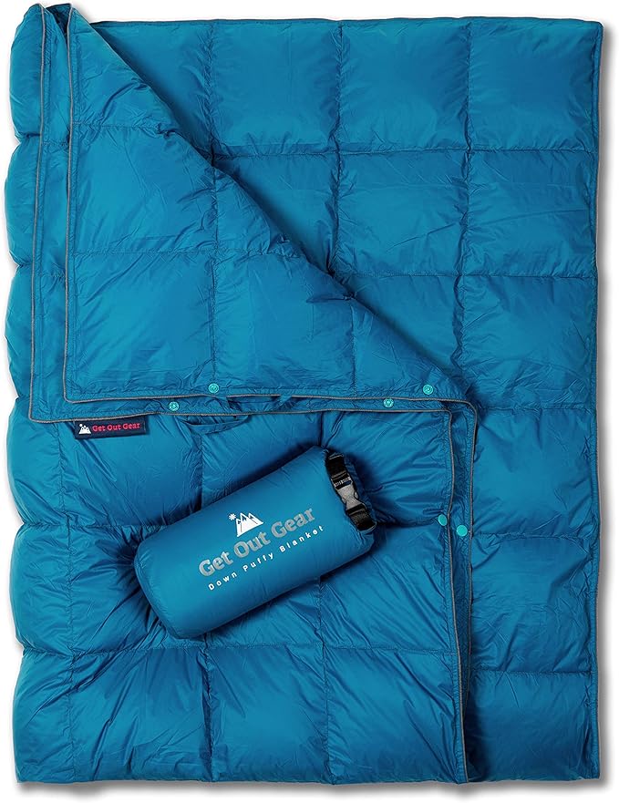 Get Out Gear Down Camping Blanket - Puffy, Packable, Lightweight and Warm | Ideal for Outdoors, Travel, Stadium, Festivals, Beach, Hammock | 650 Fill Power Water-Resistant Backpacking Quilt