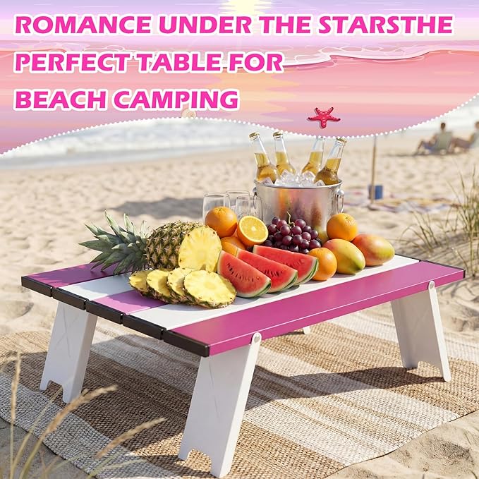 CroBlissful Beach Table Folding Camping Portable Table Striped White Aluminum Side with Carry Bag for Camping Picnics and Outdoor Activities(16x11x5 in,Pink)