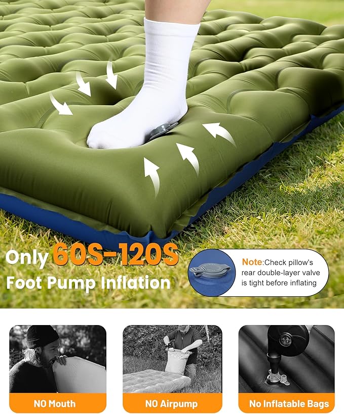 Double Sleeping Pad for Camping, 5.9 Inch Thick Self Inflating Sleeping Mat for Camping with Built in Pillow and Foot Pump, 2 Person Camping Mattress for Backpacking Hiking
