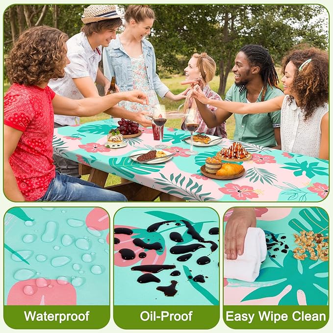 Picnic Table Cover with Bench Covers Portable Table Cloth Built-in Storage Pocket Fitted Tablecloth with Elastic Edges Waterproof Camping Essentials for Indoor Outdoor Rv,72in,Teal Pink