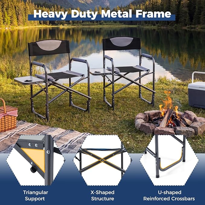 COSTWAY Folding Camping Chair, Lightweight Portable Directors Chair w/Side Table & Cup Holder, Padded Outdoor Heavy Duty Lawn Chair for Fishing, Picnic, Sports, Beach, Max Load 400 lbs (Black,1)
