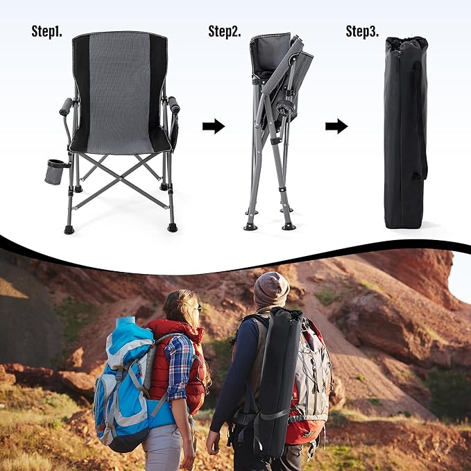 Lamberia Camping Chair for Adults, Heavy Duty 330lbs Capacity Folding Chairs for Outdoor, 600D Oxford Mesh High Back Camping Chairs with Arm Rest Cup Holder and Portable Carrying Bag(Light Grey)
