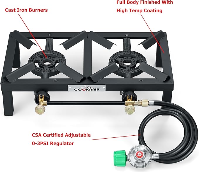 COOKAMP Propane Double Burner Angle Iron Camp Stove with CSA Listed Regulator and 4ft Hose (SA2200)