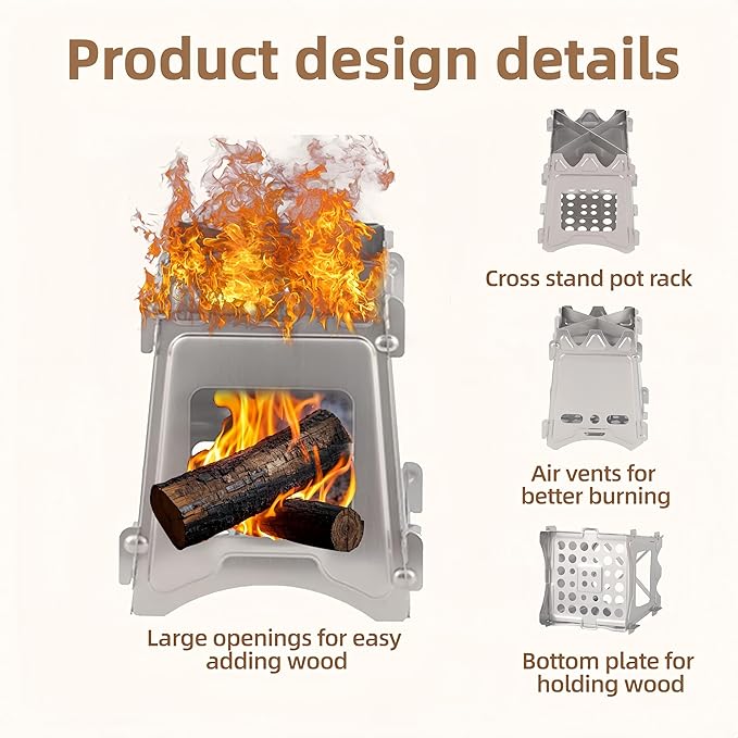 Portable Wood Stove, Folding Stainless Steel Camping Stove for Backpacking, Hiking, Outdoor Cooking, Compact and Lightweight, Durable Camp Stove for BBQ, Survival & Picnic,Father’s Day gift