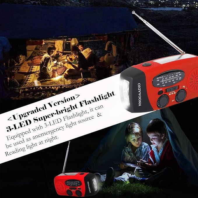 2000mAh SOS Alarm Emergency AM FM Weather Radio, 3LED Type-C Hand Crank Solar Battery Operated Portable Wind Up Radio Flashlight, Cell Phone Charger Survival Kit (Red)