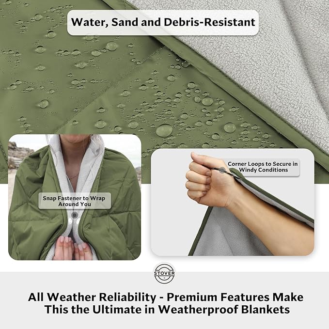 STOVER Outdoor Waterproof Fleece Travel Blanket for Camping, Picnics, Stadiums, Sports, the Beach– Warm, Windproof, Compact, Lightweight & Sand-Resistant (Olive Green)
