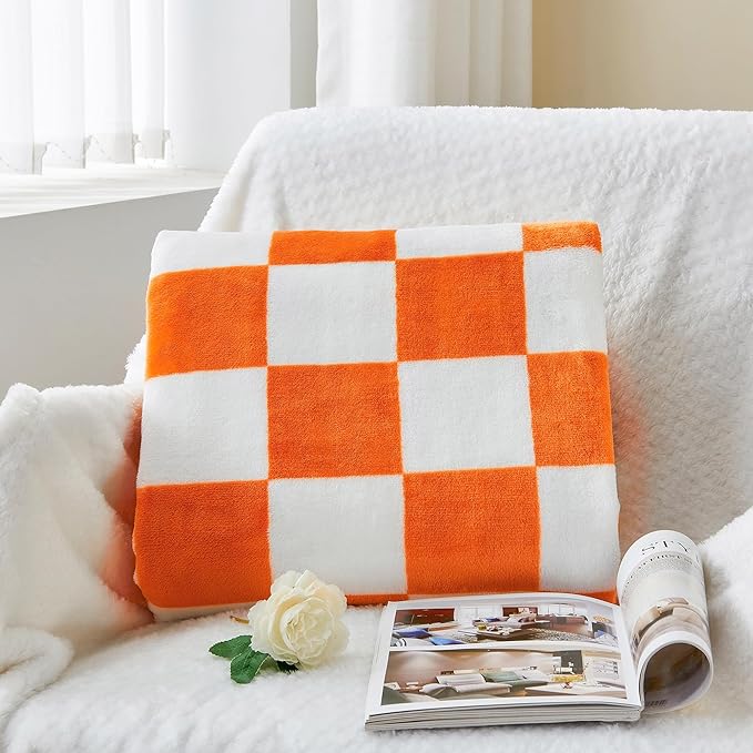 BEDELITE Checkered Twin Blanket for Couch Bed, Soft & Cozy Fleece Flannel Blanket with Checkerboard Grid Home Decor, Checkered Orange Tennessee Blanket, 60x80 Inches