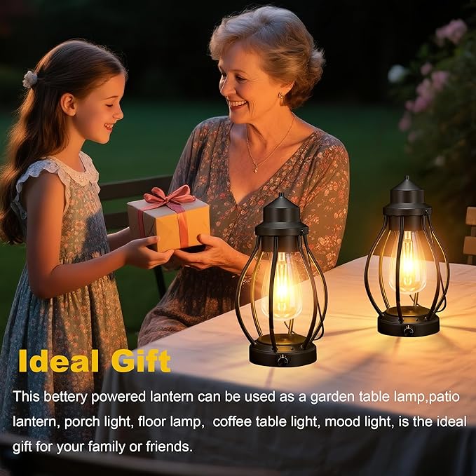 pearlstar Rechargeable Camping Lanterns 2 Pack Black Portable LED Decorative Lamps Outdoor Indoor Battery Operated/USB-C Charge, Dimming Edison Blub light with Timer, for Table Patio Garden Yard Porch