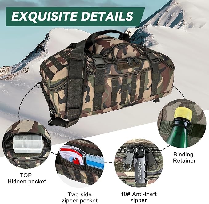 Hannibal Tactical 65L Large Duffle Bag, 3-in-1 Tactical Backpack MOLLE Pack for Gym, Sports, Outdoor, Woodland