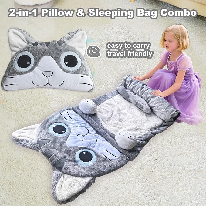 Kid Sleeping Bag with Pillow - Larger Nap Mat - Plush Slumber Bag for Boys Girls Daycare Preschool Kindergarten Birthday Gift Travel Sleepover Ages 3-12 Years