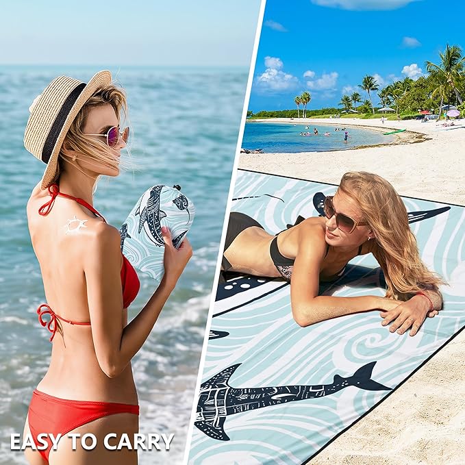 HIHOHO Beach Blanket Waterproof Sandproof Beach Mat 79”x 83” for 1-8 Adults Quick Drying Durable Outdoor Picnic Mat for Beach Festival Travel Camping Hiking (Shark, 79"×83"(4 Person))