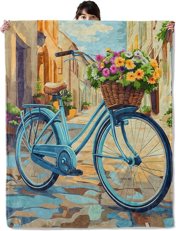 Charming Blue Bicycle Blanket, Cozy Flannel Vintage Bike Throw Blanket, Soft Fuzzy Blankets for Travel Home Decor, All Season Lightweight Couch Bed Cover, Gifts for Women Adults Kids 40"×50"