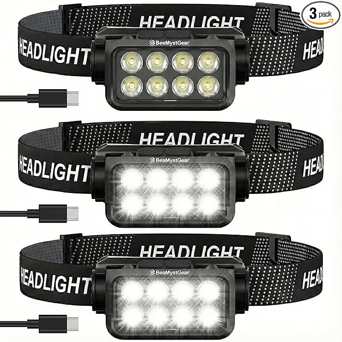 3 Pack Rechargeable Headlamp, 8 LED 1000 Lumens Super Bright LED Head Lamp Flashlight with Motion Sensor - Waterproof & Lightweight Headlight for Adults Camping, Running, Hiking, Fishing