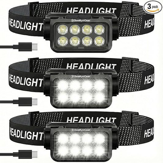 3 Pack Rechargeable Headlamp, 8 LED 1000 Lumens Super Bright LED Head Lamp Flashlight with Motion Sensor - Waterproof & Lightweight Headlight for Adults Camping, Running, Hiking, Fishing