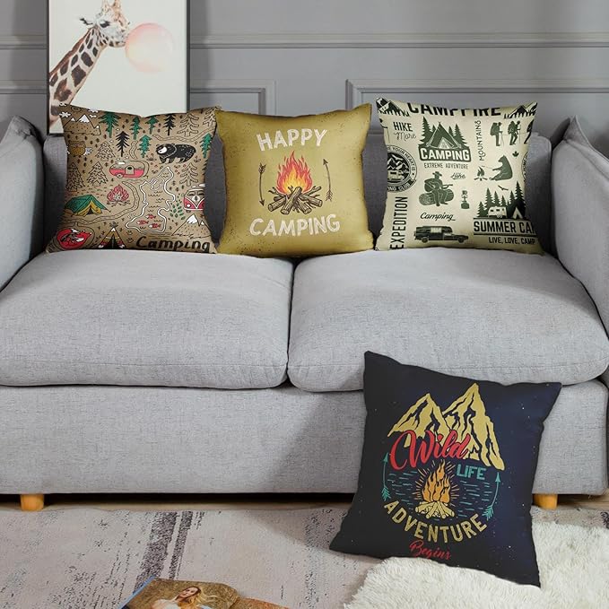 Emvency Set of 4 Throw Pillow Covers Camp with Mountain Campfire and Forest Camping Adventure Vintage Decorative Pillow Cases Home Decor Square 20x20 Inches Pillowcases