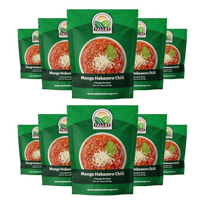 Valley Food Storage Mango Habanero Chili | 10-Bag Bucket, 50 Servings | Premium Emergency Food Supply, 25 Year Shelf Life | Survival Meal Kits, Prepper Food & Off-Grid Living Supplies, Packaged in USA