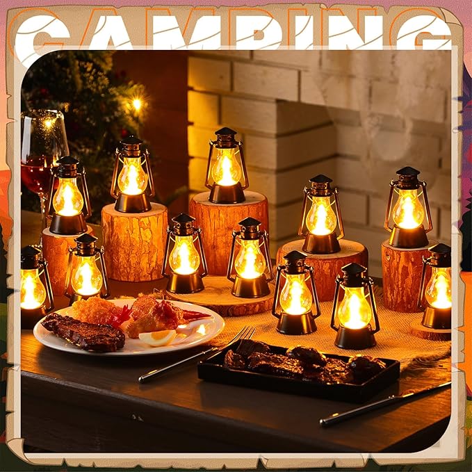 Ferraycle 12 Pcs Mini Lantern for Centerpiece Western Wedding Decor 4 Inch Camping Decorative with LED Candle Vintage Hanging Lantern Ornaments Bulk for Cowboy Cowgirl Xmas Party Decoration (Black)