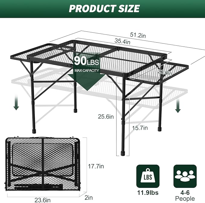 WildFinder Folding Table with 2 Wing Panels, 3x2 FT Camping Table with Mesh Desktop,Height Adjustable Folding Grill Table with Mesh Bag,Portable Outdoor Table for Picnic,Camping,BBQ,Beach(Black)