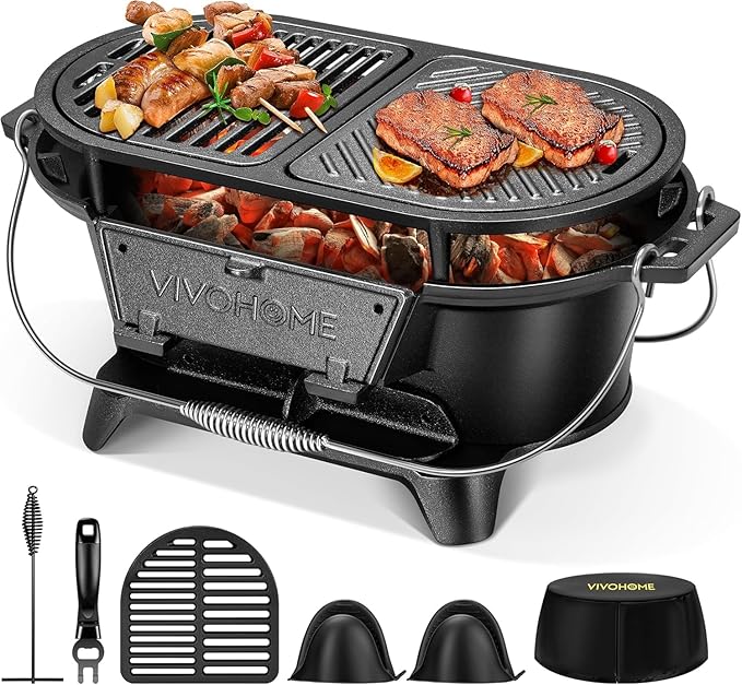 VIVOHOME Oval Cast Iron Grill with Interchangeable Grates & Griddle, 2 Furnace Doors for Heat Control, Includes Gloves, Poker and UV-Resistant Cover