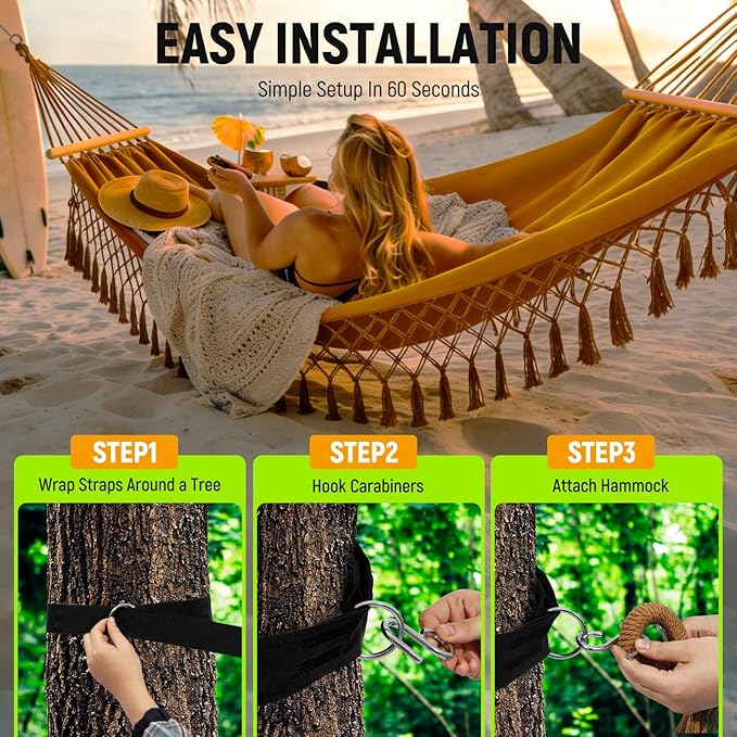 Portable Hammock,Bohemian Hammock,Rope Hammock,Suitable,Yard, Beach, Backyard,Garden (Khaki) 79 * 39