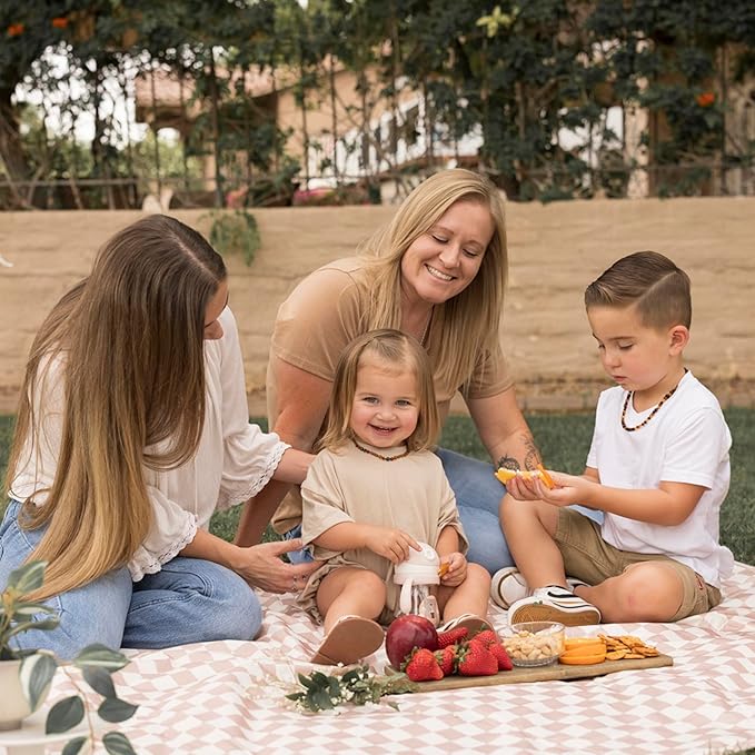 Tiny Twinkle Waterproof Picnic Blanket | 5'x7' 100% Recycled Polyester, Sandproof, Foldable, Portable for Beach, Camping, Travel (Beige Checkers)