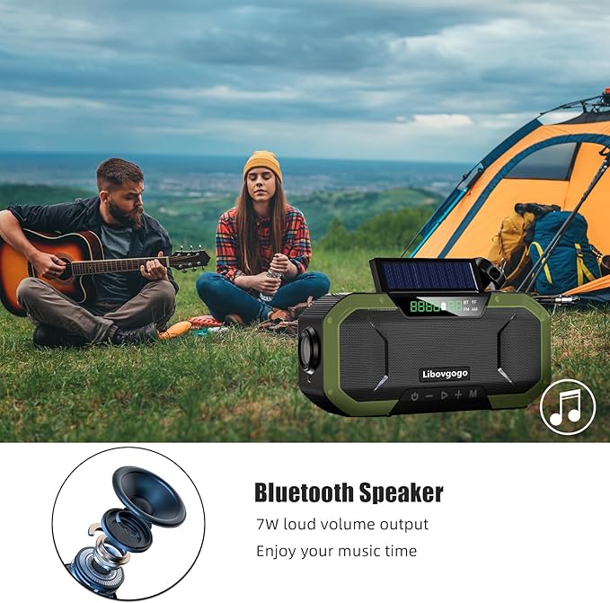 Emergency Radio Waterproof Bluetooth Speaker,Portable AM FM Radio with 5000mAh/18500mWh Cell Phone Charger,Flashlight,Reading Lamp,Hand Crank NOAA Weather Radio with Solar Panel,Emergency Survival Kit