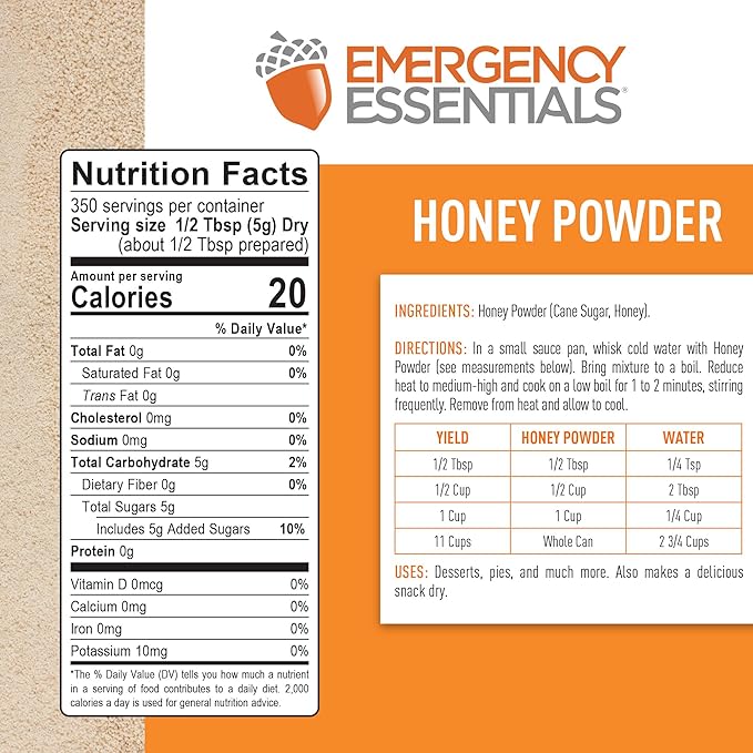 Emergency Essentials, Honey Crystals, Over 3 lbs. of Honey Powder, 30-Year Shelf Life