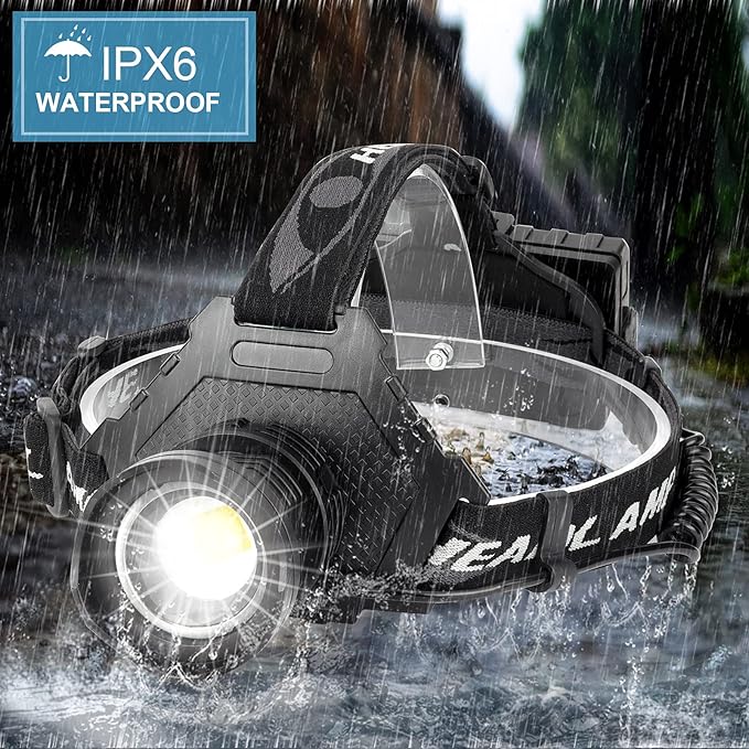 Bud K LED Headlamp USB Rechargeable, Head Lamp XHP70 Super Bright 90000 High Lumen with 5 Modes, Batteries Included, Zoomable, Waterproof Headlight for Camping Hunting Running Fishing Biking (Black)