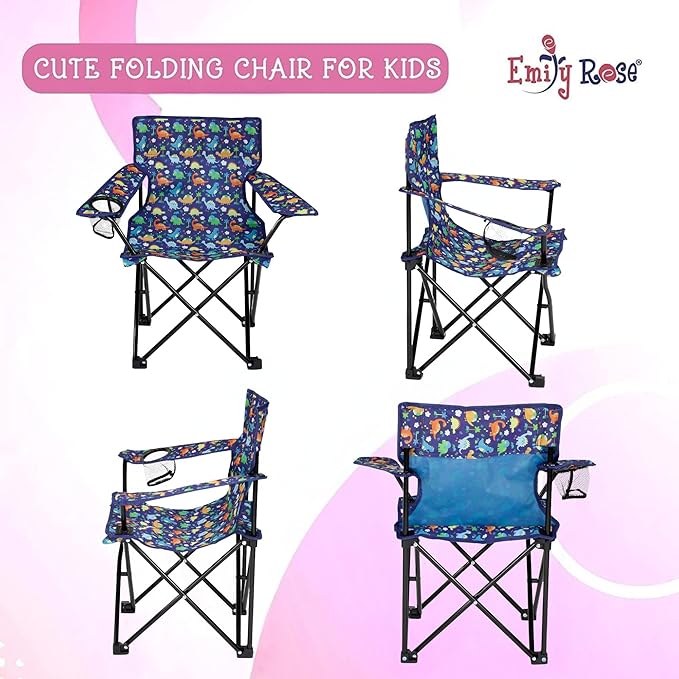 Emily Rose Playful Dinosaurs Kids Folding Camp Chair - Lightweight Portable Toddler Beach Chair Ages 2-7 with Safety Lock Cup Holder Carry Case 125 lb Capacity for Boys Girls Outdoor Adventures