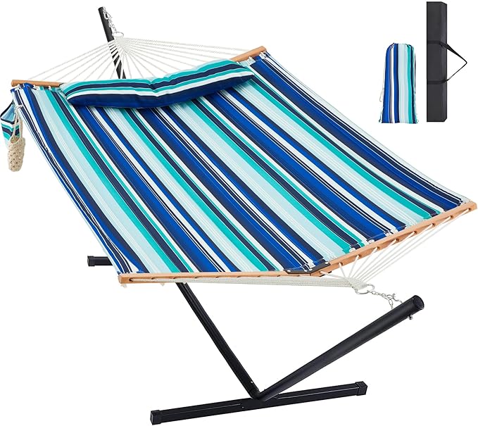 Homgava Two Person Hammock with Stand for Outside Heavy Duty, Outdoor Patio Hammock with Portable Steel Stand, Large Double Hammocks,480lbs Capacity.(Blue Stripes)