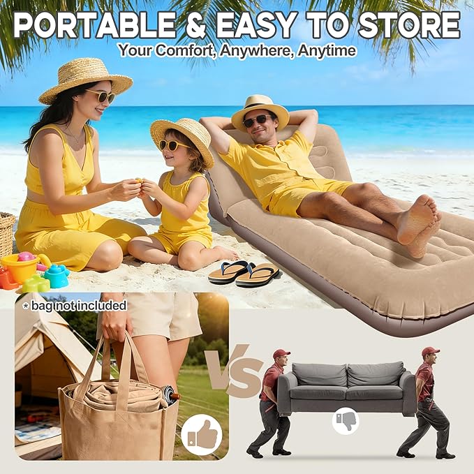 Luxfero Inflatable Couch for Camping, Air Mattress with Adjustable Backrest, Blow Up Couch for Adults with Flocked Surface, Portable Inflatable Lounge Chair, Air Sofa Bed for Indoor/Outdoor-No Pump