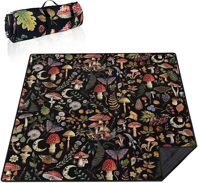 Supfitness Extra Large Picnic Blankets Waterproof Foldable (80"x 80") Mushroom Beach Blanket Waterproof Sandproof,3-Layer Thicking Mat Outdoor Packable Camping Blanket